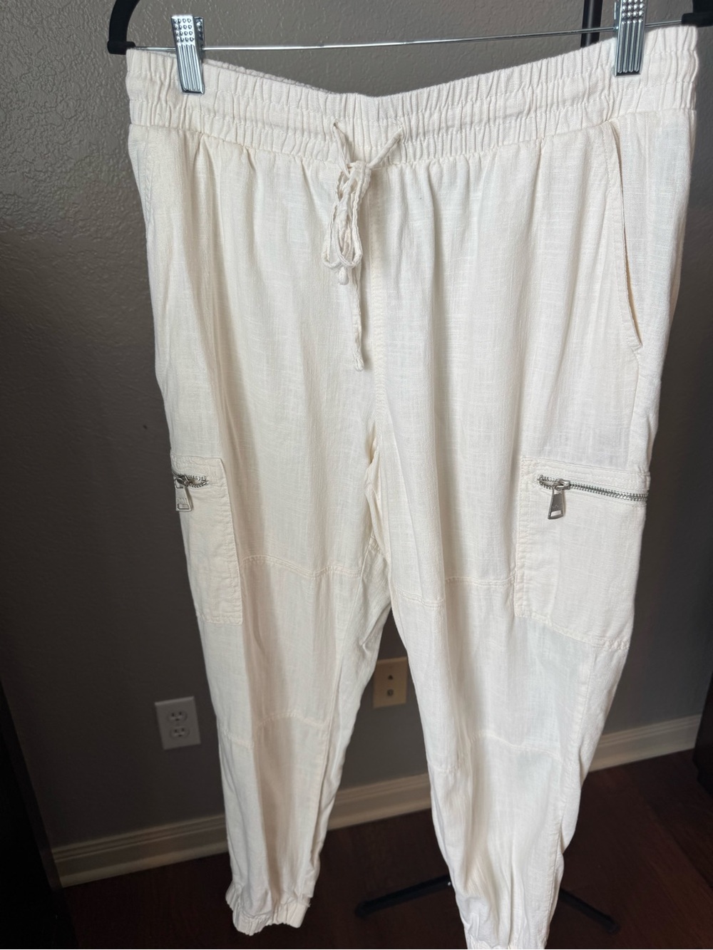 Women's DNKY Cream Linen Drawstring Cargo Jogger linen Pants